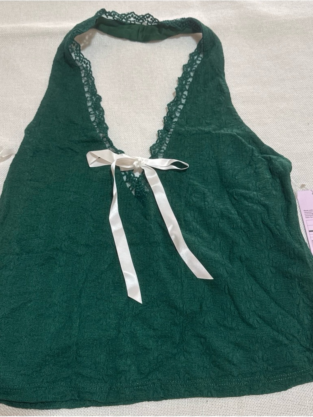 wild fable Deep Green Lace Halter Tank with Cream Bow